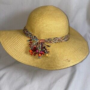 DP straw Sun hat summer beach floppy beaded braided boho hippie